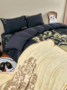 HARRY POTTER X SHEIN 3 Stück Tier- und Buchstaben-bedruckter Bettbezug Set, Geschenke, geeignet für Einzelbett/Doppelbett/Queensize-Bett/Kingsize-Bett, Studentenwohnheim/Zuhause, Schulanfang - Schwarz - Übersicht 6