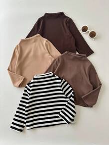 SHEIN 4件装可爱休闲条纹圆领长袖上衣，男女宝宝秋冬通用服装