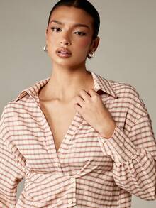 MISSGUIDED Elegant Checkered Button Down Blouse With Cinched Waist Asymmetric Front Office Business Professional Winter Fall Work Top Long Sleeve Classic Feminine