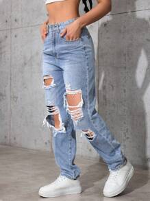 大码女式夏季牛仔破洞牛仔裤 - 藍色 - 查看 4