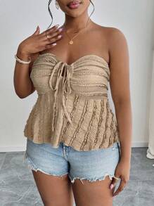 SHEIN PETITE CURVE 大码女式夏季休闲通勤度假风格纯色蕾丝拼布前系带紧身胸衣娃娃装抹胸上衣 - 摩卡棕 - 查看 3