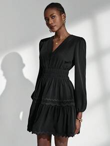 Almamuse-D Black Textured V-Neck Ruffle Trim Casual Dress For Women, Spring/Autumn Fall Cloth For Women - Black - View 4