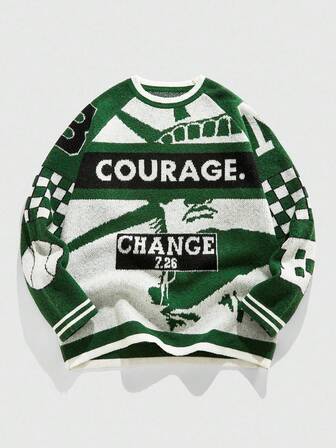 Street Life Men's Street Letter & Figure Jacquard Knit Sweater , Fall Winter