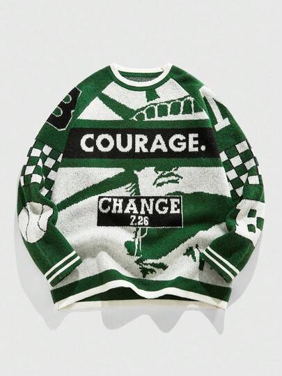 Street Life Men's Street Letter & Figure Jacquard Knit Sweater , Fall Winter