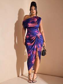 SHEIN BAE 大码女装秋冬时尚优雅约会派对黑色弹力针织舒适褶饰细节垂坠连衣裙不对称下摆开衩中长连衣裙、毕业礼服、女士生日礼服、开衩拼色扎染印花连衣裙、婚礼宾客礼服 - 紫色 - 查看 1