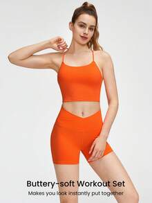 GLOWMODE FeatherFit™運動內衣和8英寸短褲套裝，背部帶綁帶運動內衣背心和高腰側口袋運動車手短褲，適用於低衝擊度瑜伽日常跑步健身夏季訓練 - Orange Ignite - 查看 2