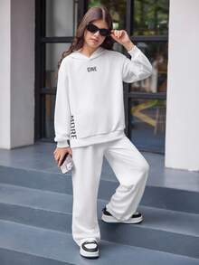 Tween Girl Letter Graphic Hoodie And Sweatpants Set, Casual Sports, Autumn Fall Winter - White - View 6