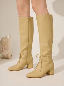 CUCCOO CHICEST Damskie botki do kostki ze szpiczastym noskiem i grubym obcasem, z kokardką, eleganckie i urocze, odpowiednie na dojazdy do pracy, randki, Święto Dziękczynienia, Boże Narodzenie, Halloween, uniwersalne, ze sztucznej skóry, w kolorze rudym - Morela - Zobacz 3