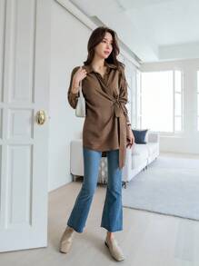 DAZY Tie Side Drop Shoulder Shirt,Long Sleeve Tops,Fall Clothes Modest Fashion - Coffee Brown - View 3