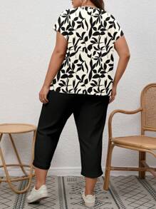 SHEIN CURVE+ Plus Size Women Plant Print Shirt And Capri Pants Casual 2 Pieces Set - Multicolor - View 2
