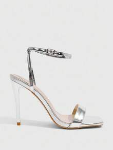 CUCCOO SZL 女士时尚漆皮细带踝带方头细高跟凉鞋，适合通勤、约会、派对、度假 - 銀色 - 查看 5