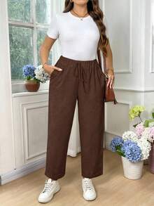 EMERY ROSE Pantalones entallados de algodón de unicolor con bolsillo y lazo en la cintura para mujer de talla grande - Marrón Chocolate - Ver 6