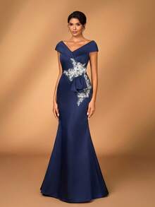 Serin 优雅奢华珍珠和钻石刺绣蕾丝贴花缎面露肩美人鱼连衣裙，适合婚礼、活动、派对、度假、舞会、新娘和新娘母亲 - 藏蓝色 - 查看 5