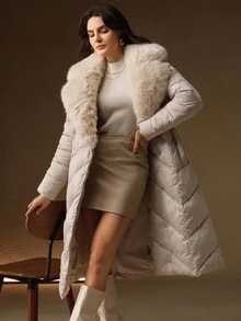 Anewsta Áo khoác lông vũ dài thanh lịch dành cho nữ, có eo thắt, chần bông hình thoi, cổ áo rộng bồng bềnh, áo khoác đệm có khóa kéo màu trắng - Màu be - Xem 3