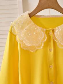 女童长袖休闲白色衬衫，多层荷叶边蕾丝领，珍珠装饰，舒适优雅，适合上学 - 黃色 - 查看 6