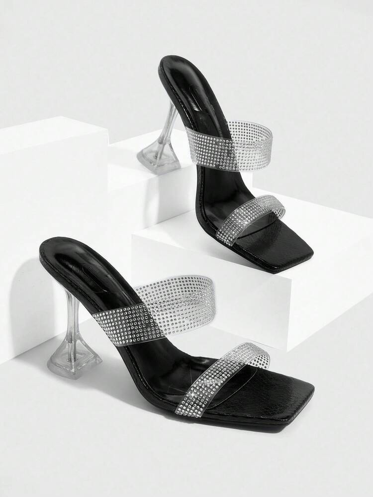 CUCCOO SZL Women's Transparent Rhinestone TPU Strap Sexy Fashion Square Toe Glass Cup Heel Nightclub Elegant High Heel Sandals