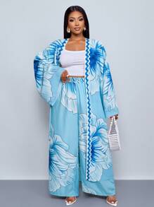 SOLERSUN 热带印花比基尼套装（含和服）夏季沙滩套装+随机印花图案比基尼两件套，女士两件套，适合海滩度假、约会、旅行大码女装 - 藏蓝色 - 查看 1