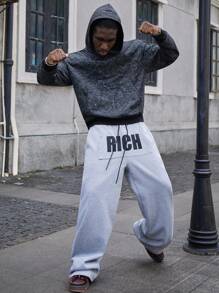 Manfinity EMRG 年轻男士哥特式连帽衫，宽松套头连帽运动衫，复古水洗面料，做旧效果，全身哥特式艺术刺绣设计，适合独特、艺术、街头风格，节日礼物男士刺绣连帽衫刺绣连帽衫男士连帽衫男士休闲连帽衫黑色连帽衫 - 黑色 - 查看 7