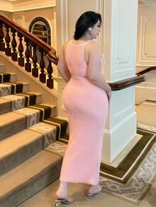 SHEIN MOOSTA Women's Slim Fit Waist Cinched Long Knit Sweater Dress, Autumn/Winter Fall - Pink - View 5