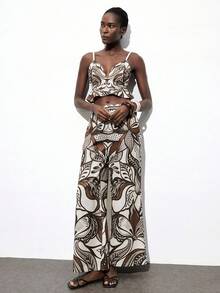 Maija 可调节肩带印花荷叶边下摆弹力后背吊带背心，休闲都市商务风，适合音乐节、万圣节、圣诞派对、波西米亚度假风、假期等场合，女士吊带背心 - 咖啡棕 - 查看 6