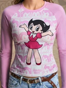 Astro Boy X SHEIN Women's Cartoon Figure Graphic Color Block Round Neck Long Sleeve T-Shirt - Pink - View 5