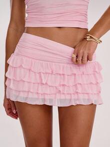 SHEIN BAE Women's Casual Fashion Multi-Layer Mesh Mini Skirt - Coral Pink - View 4