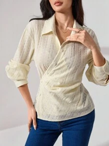 Modelyn Fashionable Knitted Minimalist Apricot Women's Blouse - Beige - View 3