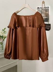 Modelyn Áo cánh tay dài họa tiết hoa trơn màu cỡ lớn thanh lịch dành cho nữ - màu nâu - Xem 2