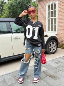 SHEIN Tween Girls Black Jersey T-Shirt, Loose & Comfortable, Versatile Fashion Casual Wear - Black - View 3