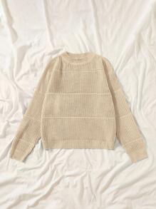 SHEIN EZwear 大码纯色简约圆领长袖针织毛衣 - 卡其色 - 查看 4
