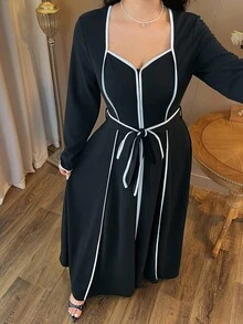 Auvina 女式优雅黑白深 V 领高低腰系带修身长袖超长连衣裙，加大码，春秋季 - 黑色 - 查看 6