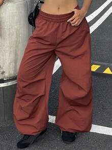DAZY Celana Jogger Wanita Warna Polos, Model Lebar, Longgar, Panjang, dengan Tali Serut, Cocok untuk Sekolah. - Burgundy - View 3