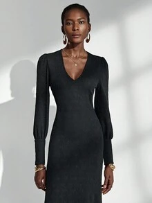 Almamuse Women's Long Dress, Elegant & Graceful, Simple V-Neck Jacquard Black Dress Fall Cloth For Women - Black - View 4