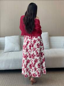 Flirla Bộ 2 món váy chữ A họa tiết cổ bèo nhún tay dài thời trang xuân/hè cho nữ cỡ lớn + cổ tròn xếp ly thắt nơ eo họa tiết hoa viền xẻ tà thanh lịch cổ điển dễ thương thường ngày cho kỳ nghỉ - Màu Đỏ Sâu - Xem 2