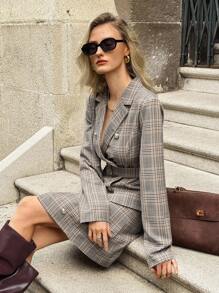 Elyressa 格纹纽扣装饰翻领长袖收腰休闲法式女装连衣裙 - 彩色 - 查看 7