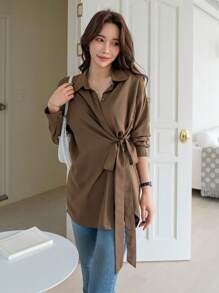 DAZY Tie Side Drop Shoulder Shirt,Long Sleeve Tops,Fall Clothes Modest Fashion - Coffee Brown - View 7