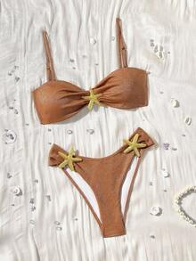 Swim SXY Women's Summer Beach Vacation Metallic Fabric Gold & Silver Starfish Wrap Tie Side Bikini Set
