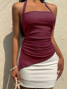 SHEIN Unity Women's Summer Casual Vacation Chiffon Fabric Asymmetrical Hem Slit Spaghetti Strap Bowknot Camisole - Burgundy - View 8