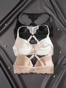 SHEIN 3件套前开扣性感蕾丝拼接文胸套装 - 彩色 - 查看 2