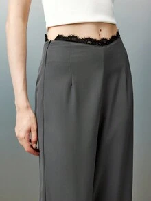 Airlisse Women's Straight Loose Lace Patchwork Formal Elegant Pants - Grey - View 7