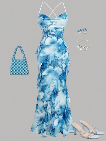 Girlism Teen Girls Floral Print Spaghetti Strap Dress With Ruffle Hem, Elegant & Vacation Dress Blue Dresses Classy Elegant Blue Wedding Guest Dress Mermaid Dress Ruffle Dress Blue Floral Dress