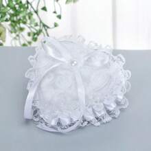 1 pieza Caja portátil con forma de corazón para propuesta, con adorno de encaje y flores, almohada para anillo de boda para niña de las flores, Navidad - Blanco - Ver 2