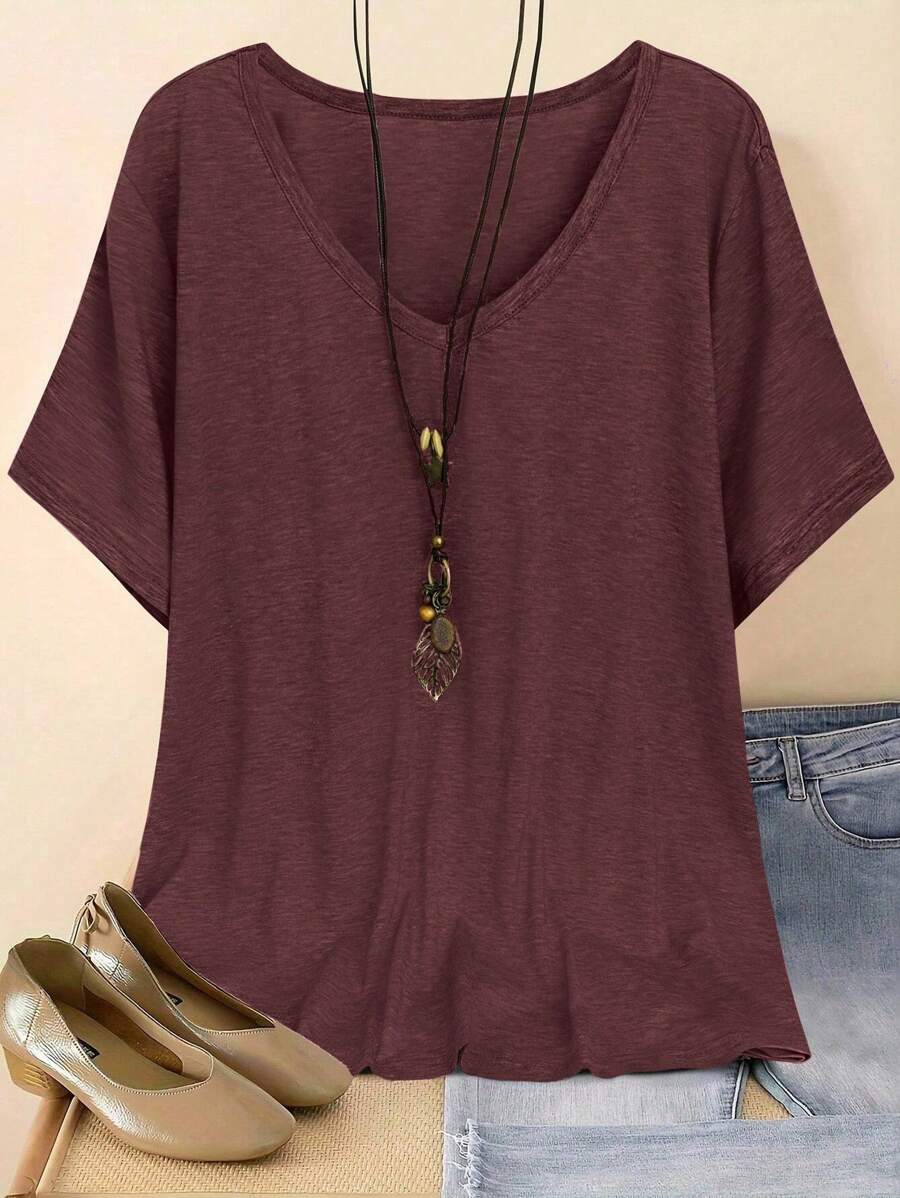 Camiseta feminina plus size com decote em V, solta e lisa, casual e simples, verão