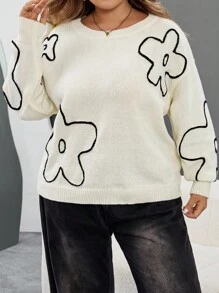 SHEIN CURVE+ Plus Size Women Floral Print Pattern Round Neck Pullover Sweater, New Autumn/Winter Collection/Autumn /Winter - Black and White - View 8