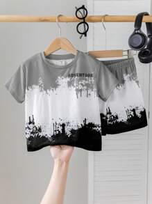 SHEIN 2 Pieces Set Young Boys Casual Comfortable Versatile Splash Ink Print Short Sleeve Top And Shorts Set, Suitable For Spring And Summer - Grey - View 5