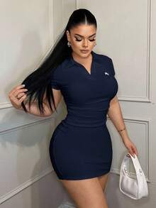 SHEIN SXY Vestido casual de negocios con cuello bordado - Azul Marino - Ver 5