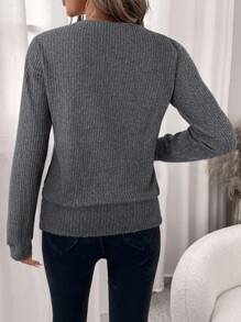 SHEIN Clasi Women's Elegant Pink Waffle Knit Crew Neck Sweatshirt In Fall/Winter - Dark Grey - View 2