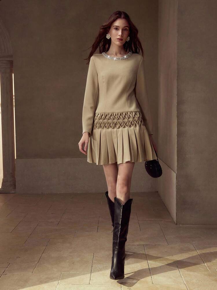 FAUX PEARL TRIM PLEATED DRESS