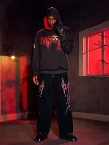 WB Horror X SHEIN Men Horror Movie Mask Pattern Hooded Long Sleeve Sweatshirt - Black - View 7