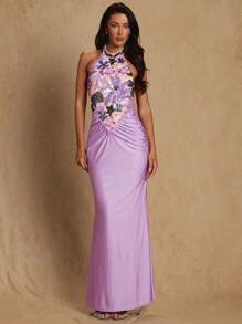 Glamine Váy cổ yếm thêu kim sa cho nữ, váy maxi hở lưng thanh lịch, váy dự tiệc - Màu tím - Xem 5